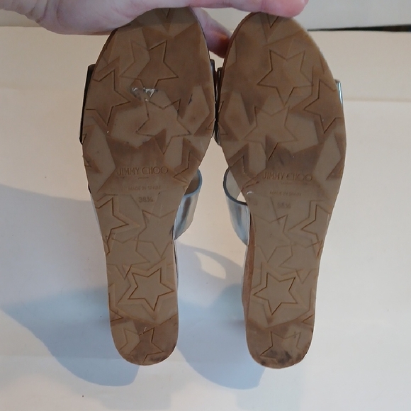 ✨ Jimmy Choo Atia Metallic Silver Leather Platform Wedge Sandals Size 38.5 - Picture 4 of 13